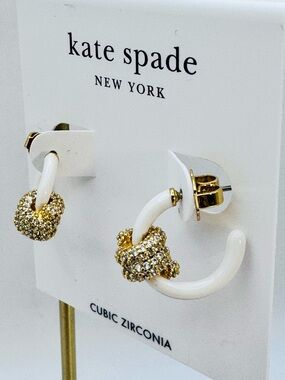 Kate Spade Ropes & Knots Pavé Huggies White Enamel Gold Tone Clear Crystals